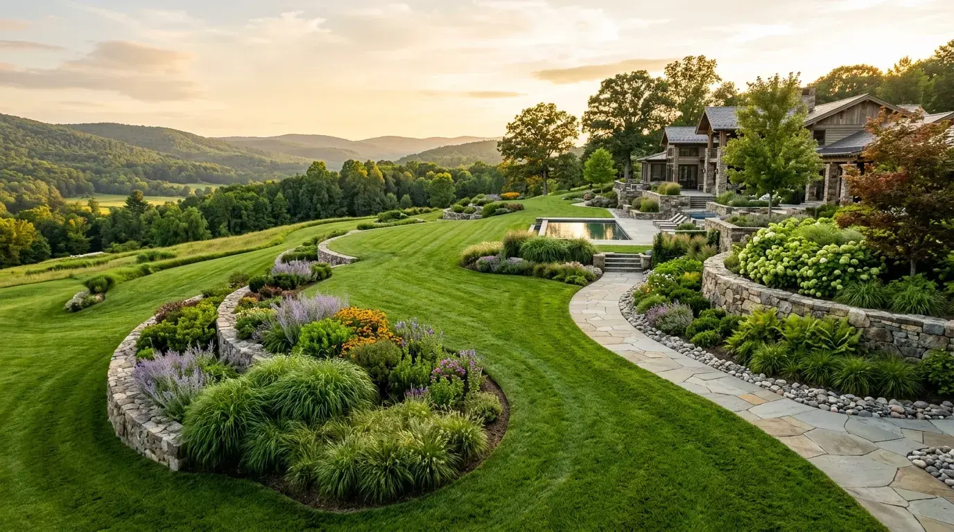 Lush hydroseeded property at golden hour